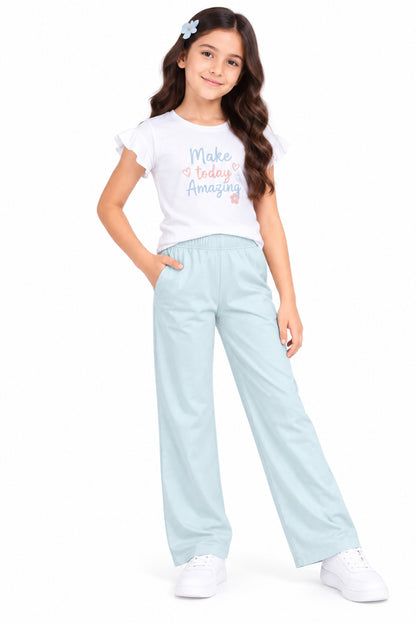 CHILINS Girls Light Blue Wide Leg Palazzo Pants | Elasticated Waist | Side Pockets | Full Length | Regular Fit