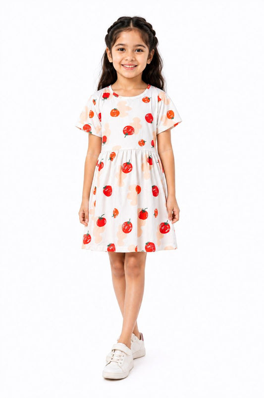 CHILINS Girls White Tomato Print Short Sleeve Dress