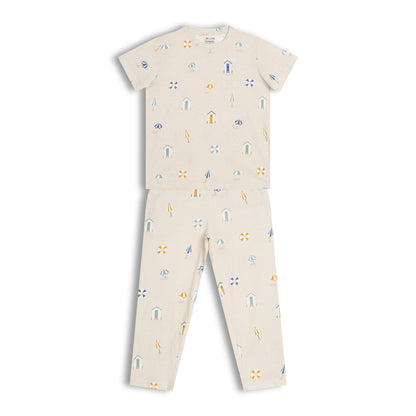CHILINS Kids Pure Cotton Printed T-Shirt & Pyjama Set | Cream Comfort Nightwear Set