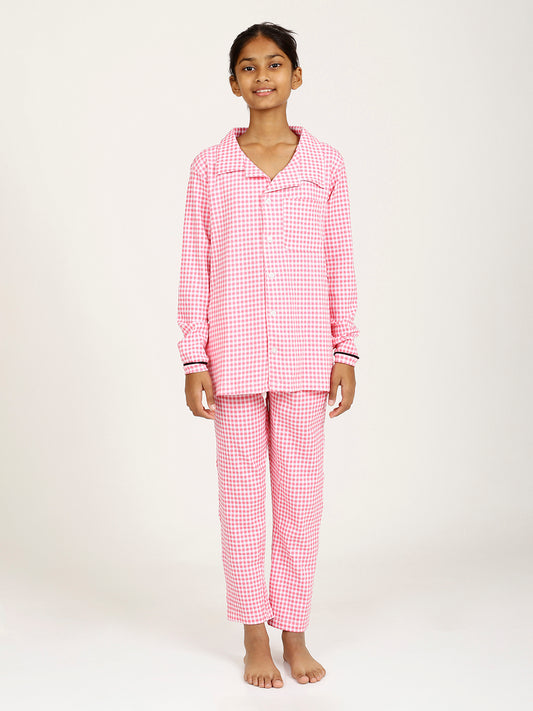 CHILINS Girls Shirt Pyjama Night Dress – Pure Cotton, Pink Checkered