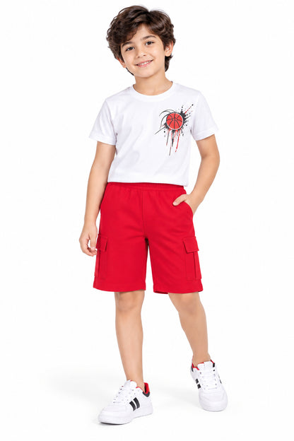 CHILINS Boys Red Cargo Shorts | Casual Knee-Length Shorts with Utility Pockets