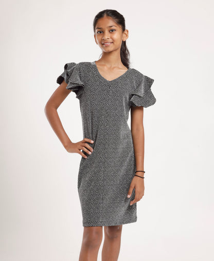 Girls’ Black Printed V-Neck Casual Dress – Soft & Comfortable Short Sleeve A-Line Dress for Everyday Wear