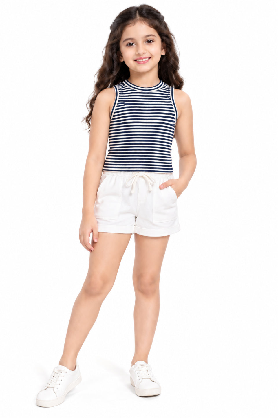 CHILINS Girls Navy Blue & White Striped Crop Top | Sleeveless High Neck Casual Top