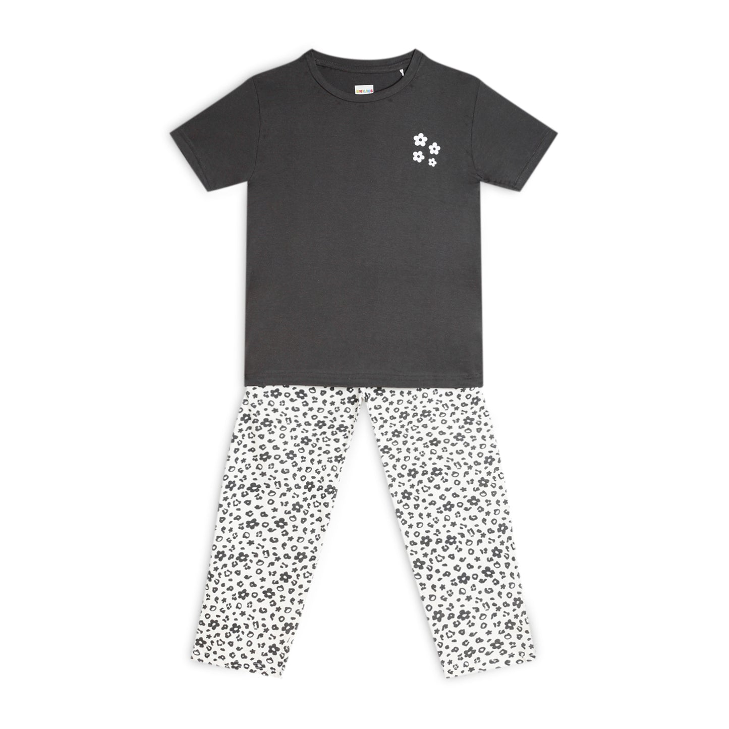 Sleepwear Set | Tshirt Pyjama Pant Set | Nightsuit Set | Girls Cotton Fabric Grey Flower