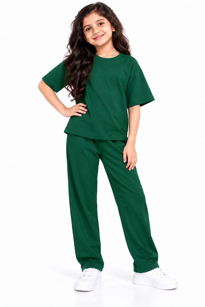 CHILINS Girls Green Co-Ord Set | Matching T-Shirt & Straight-Leg Pants