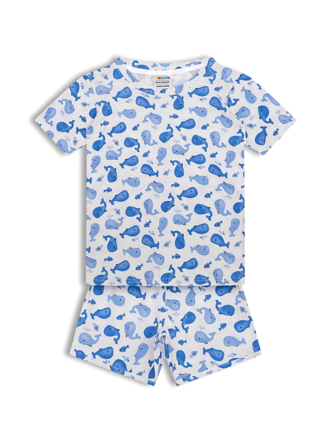 CHILINS Girls Cotton T-Shirt & Shorts Set – White with Blue Shark Print