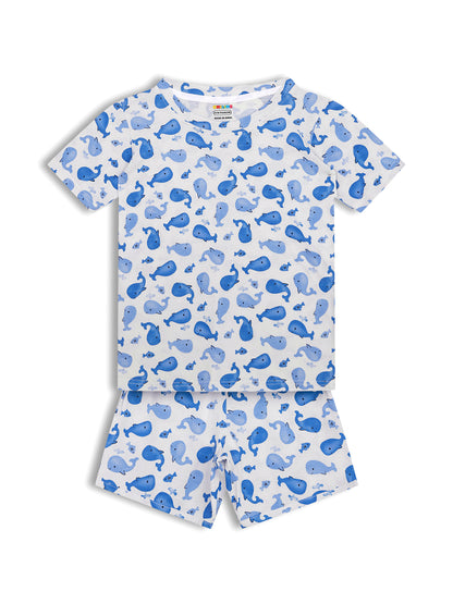 CHILINS Girls Cotton T-Shirt & Shorts Set – White with Blue Shark Print