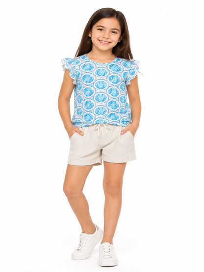 CHILINS Girls Blue Printed Ruffle Sleeve Top