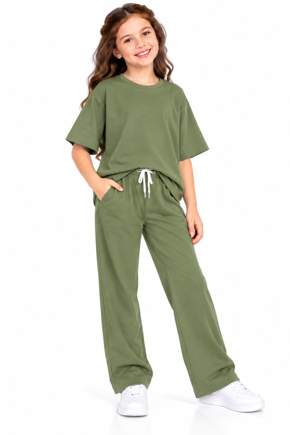 CHILINS Girls Olive Green Co-Ord Set | Oversized T-Shirt & Wide-Leg Pants