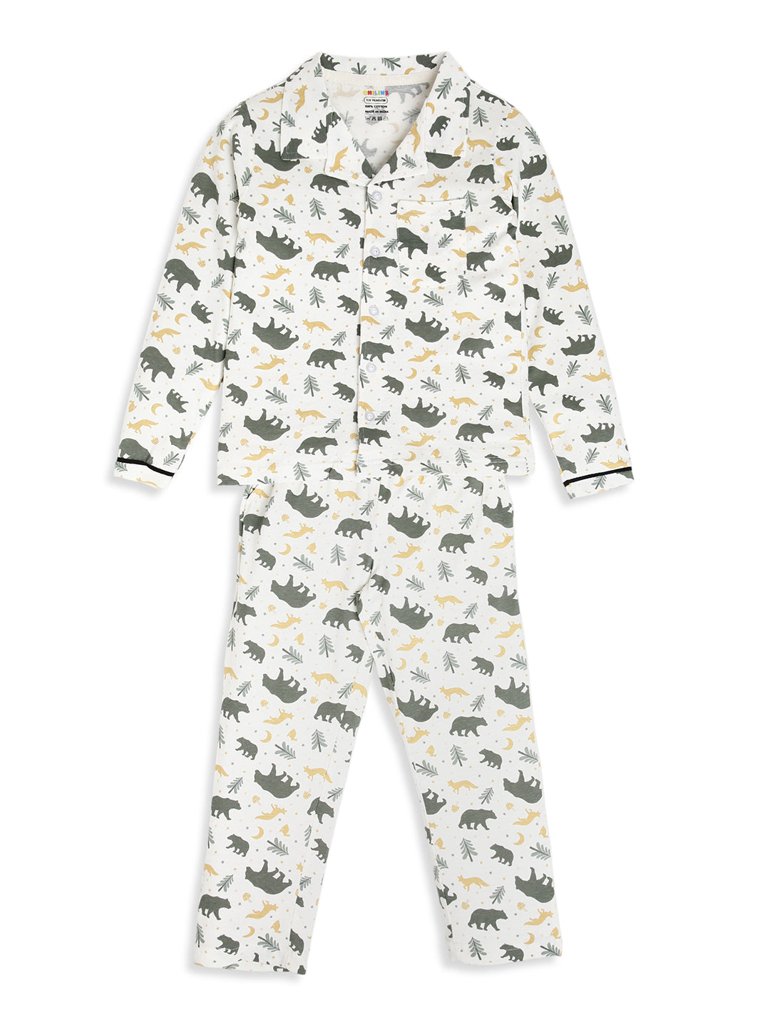 CHILINS Boys Forest Animal Print Night Suit Set | 100% Pure Cotton Full Sleeve Shirt & Pyjama