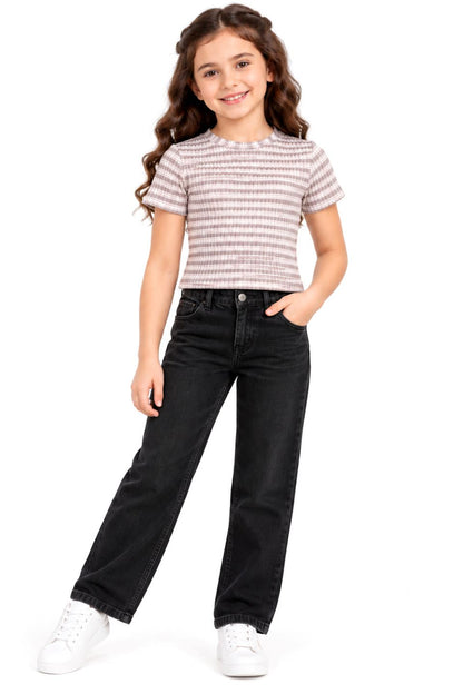 CHILINS Girls Grey & White Striped Crop Top | Short Sleeve Round Neck Casual Top