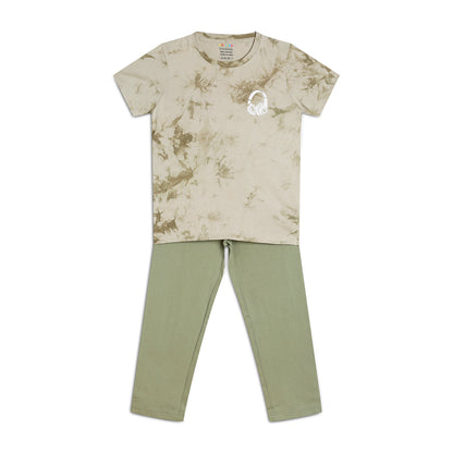 Sleepwear Set | Tshirt Pyjama Pant Set | Nightsuit Set | Boys & Girls Cotton Fabric Cream Green