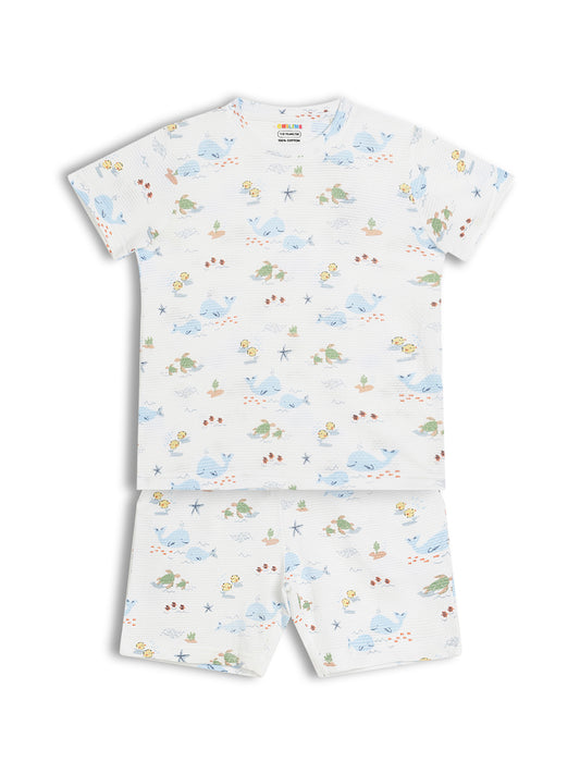CHILINS Kids Pure Cotton Printed T-Shirt & Shorts Set | Ocean Life Print Co-Ord Set