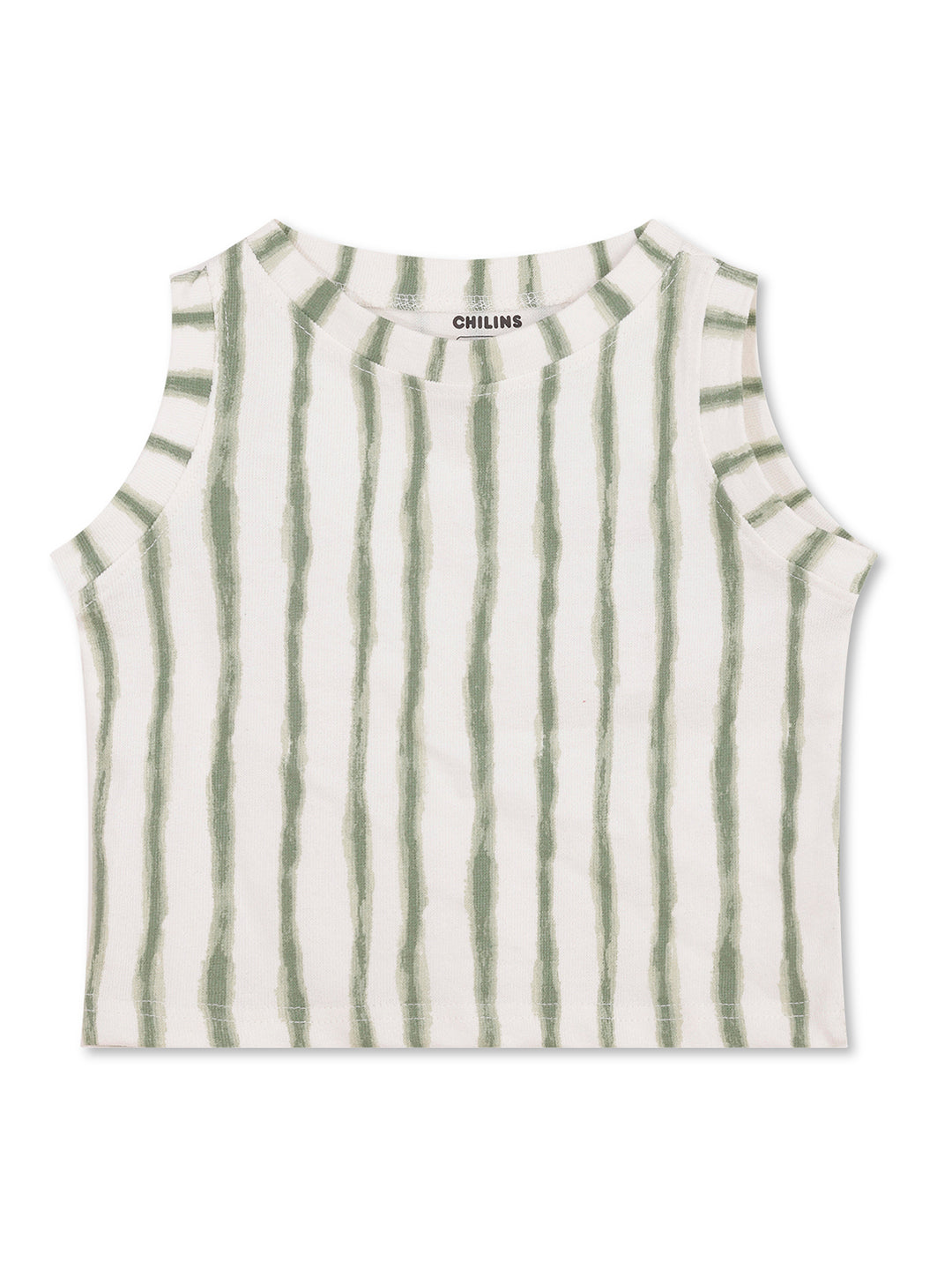 CHILINS Girls White Green Ribbed Cotton Crop Top Stylish & Comfortable Kidswear