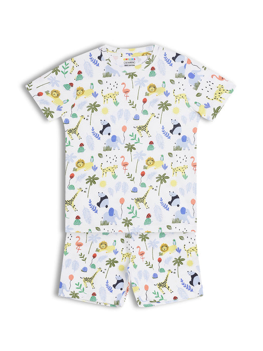 CHILINS Kids Pure Cotton Printed T-Shirt & Shorts Set | Jungle Animal Print Co-Ord Set