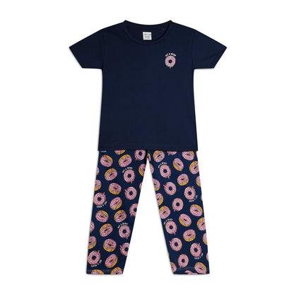 Sleepwear Set | Tshirt Pyjama Pant Set | Nightsuit Set | Girls Cotton Fabric Blue Donut