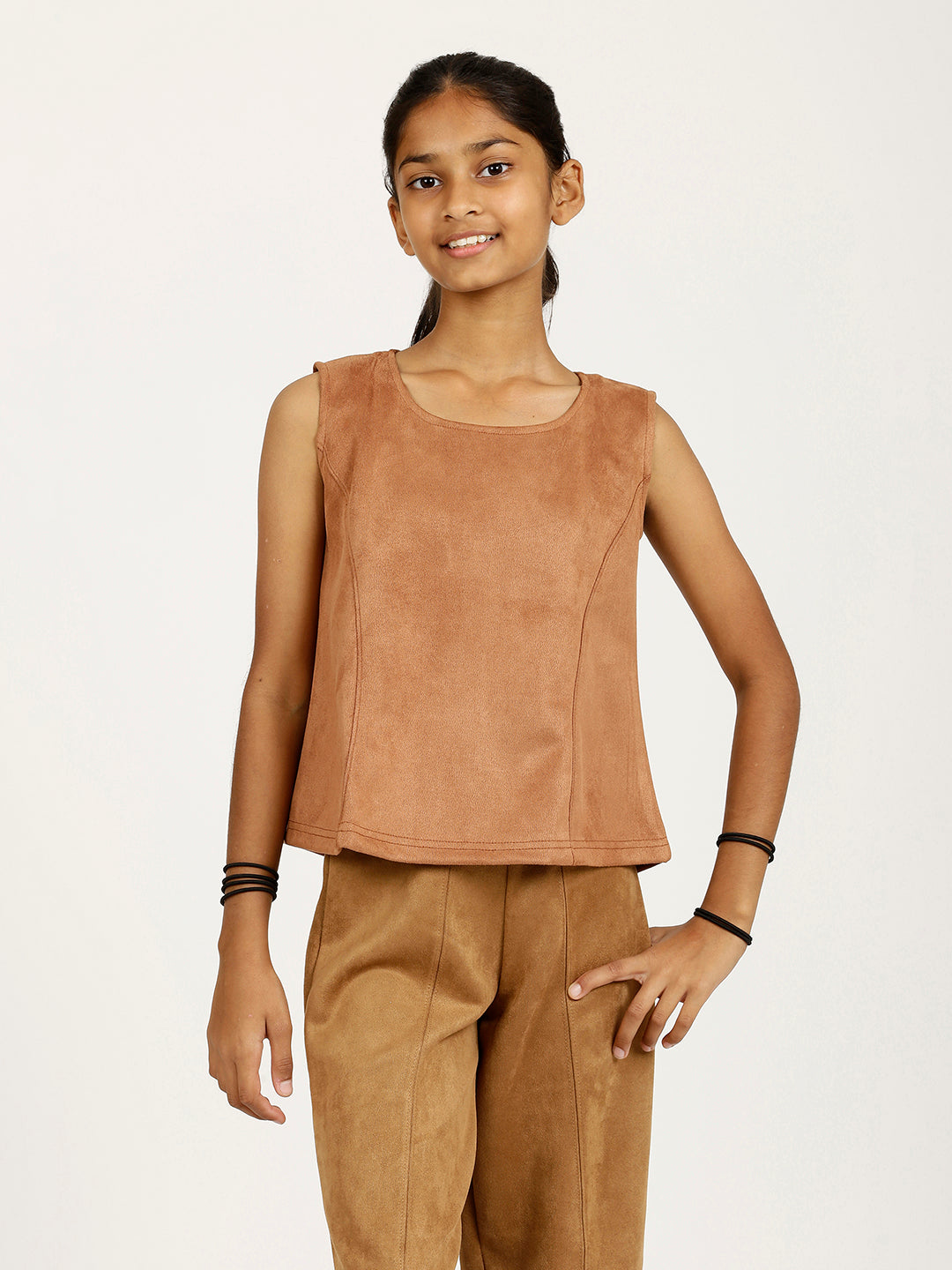 CHILINS Girls Brown Fancy Balloon Top Stylish Kidswear