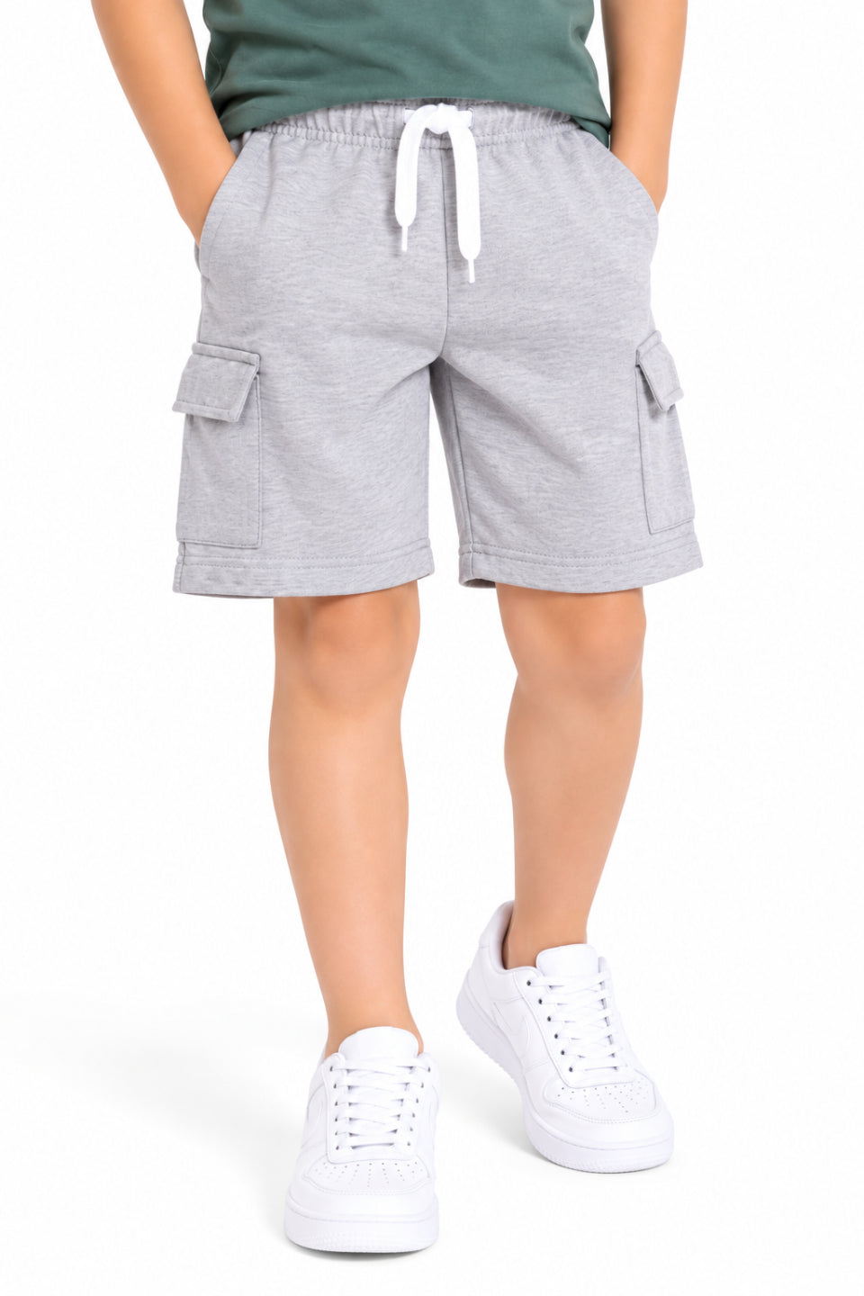 CHILINS Boys Grey Cargo Shorts | Drawstring Waist | Side Utility Pockets | Knee Length | Regular Fit