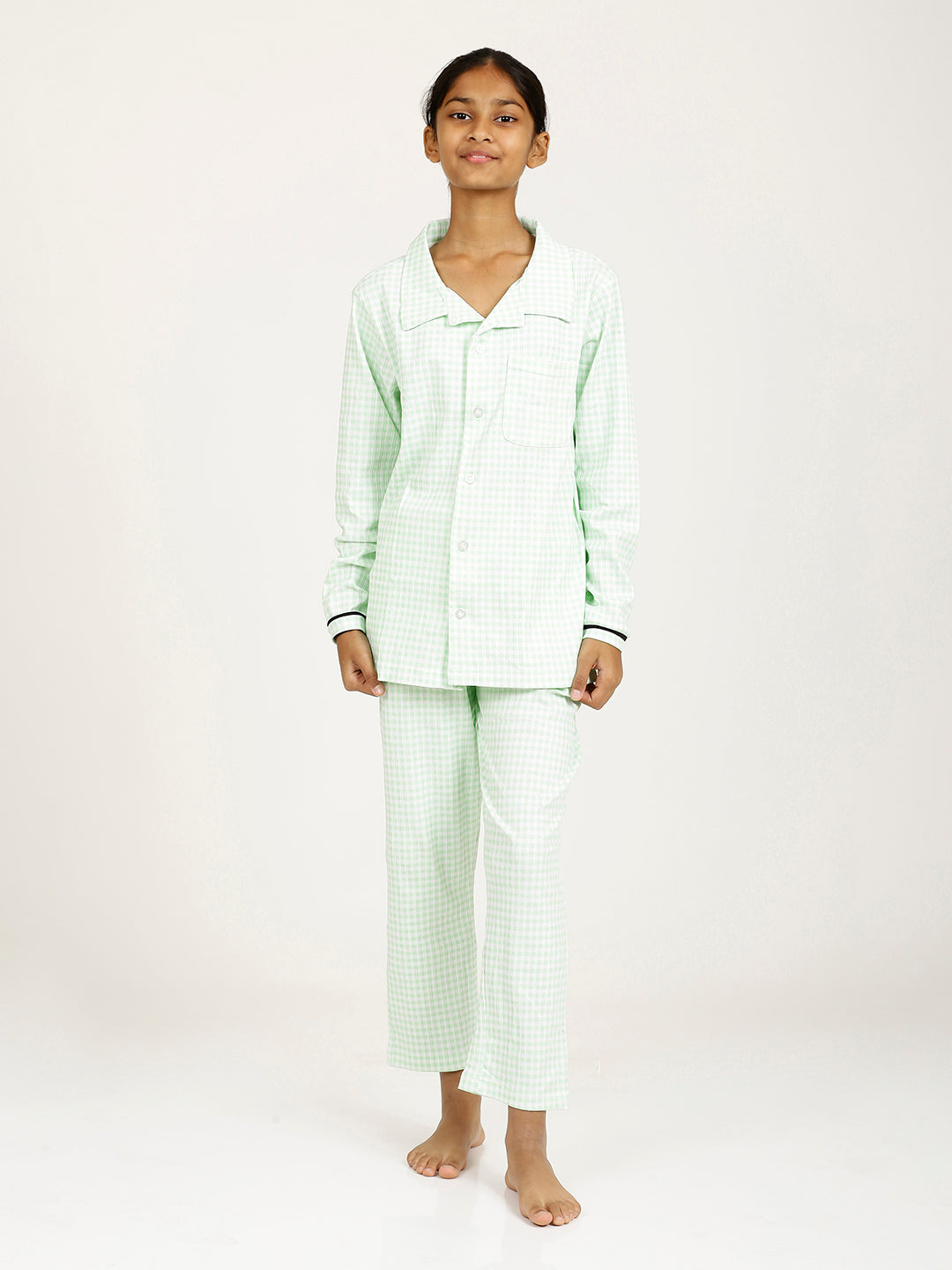 CHILINS Girls Shirt Pyjama Night Dress – Pure Cotton, Green Checkered
