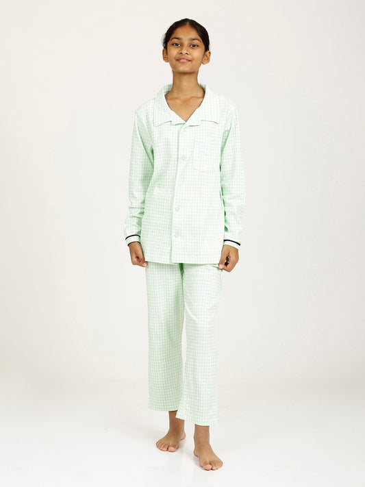 CHILINS Girls Shirt Pyjama Night Dress – Pure Cotton, Green Checkered