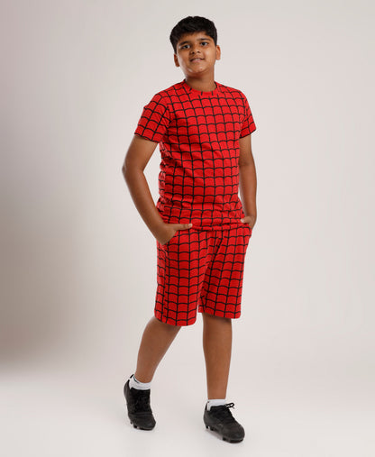 Printed Boys Half Sleeves Shorts Set - Spider - Coord set -Red Night suit