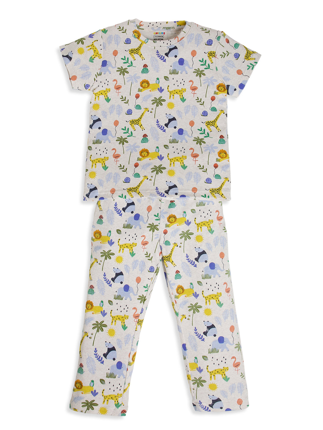 CHILINS Kids Jungle Animal Print Night Suit Set | 100% Cotton Half Sleeve T-Shirt & Pyjama | Boys & Girls Sleepwear