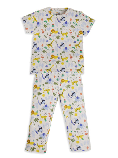 CHILINS Kids Jungle Animal Print Night Suit Set | 100% Cotton Half Sleeve T-Shirt & Pyjama | Boys & Girls Sleepwear