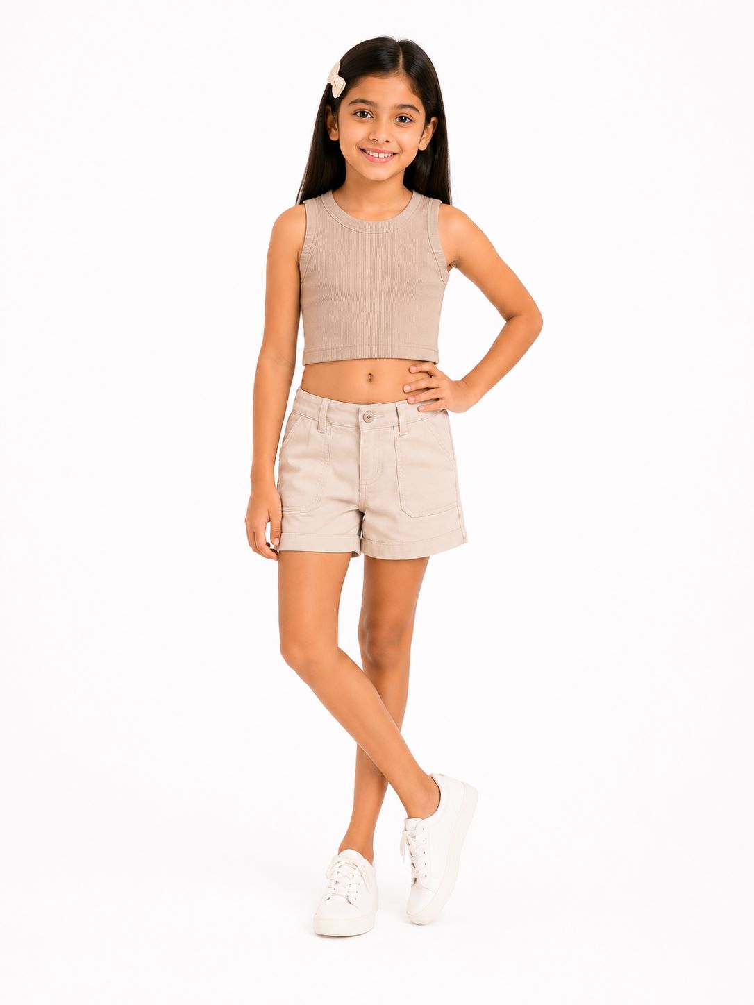 CHILINS Girls Beige Ribbed Sleeveless Crop Top