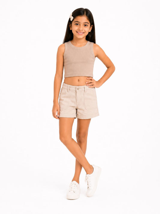 CHILINS Girls Beige Ribbed Sleeveless Crop Top