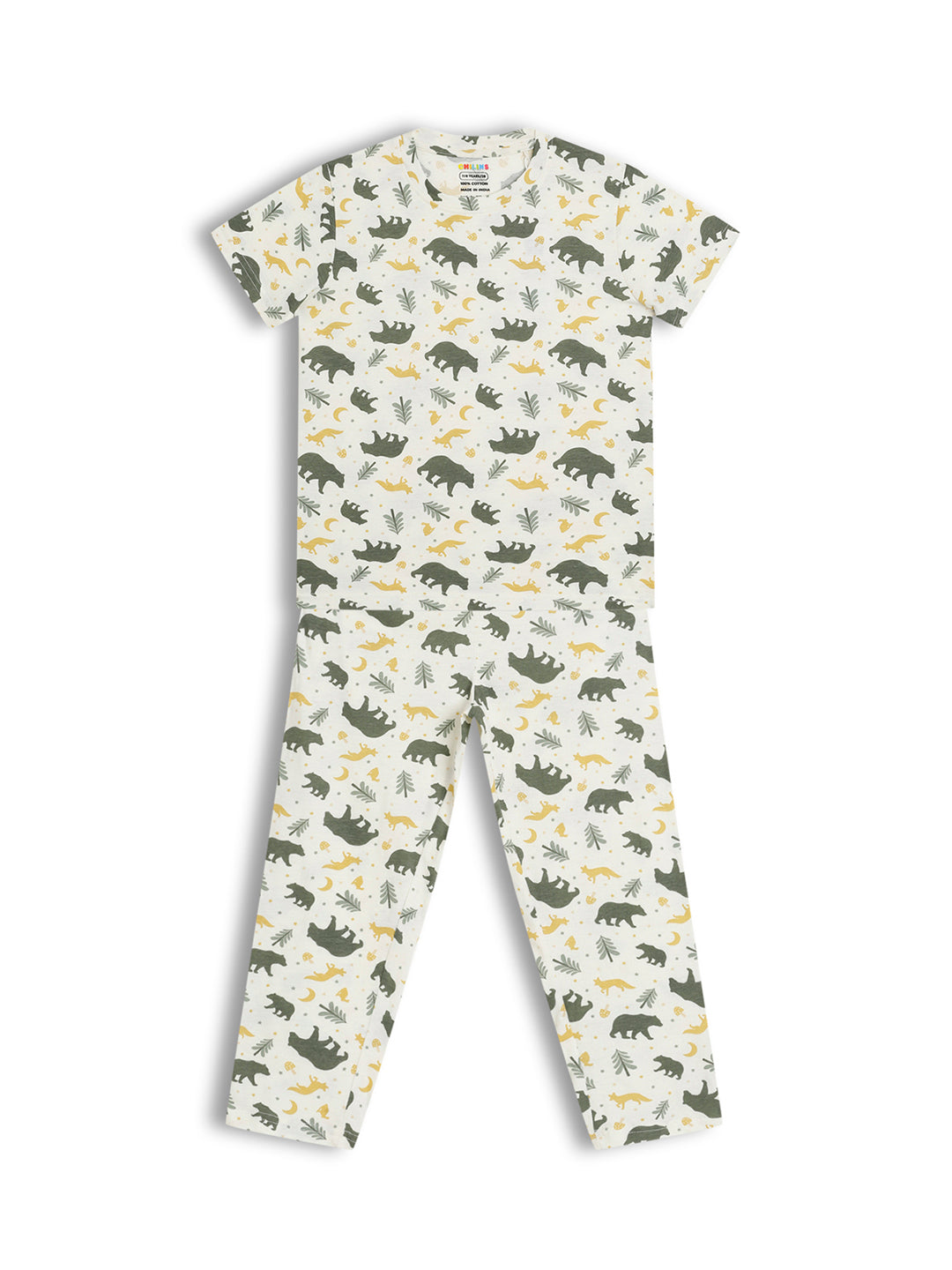 CHILINS Kids Pure Cotton Printed T-Shirt & Pyjama Set | Forest Animal Print Nightwear