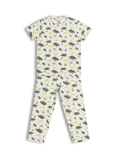 CHILINS Kids Pure Cotton Printed T-Shirt & Pyjama Set | Forest Animal Print Nightwear