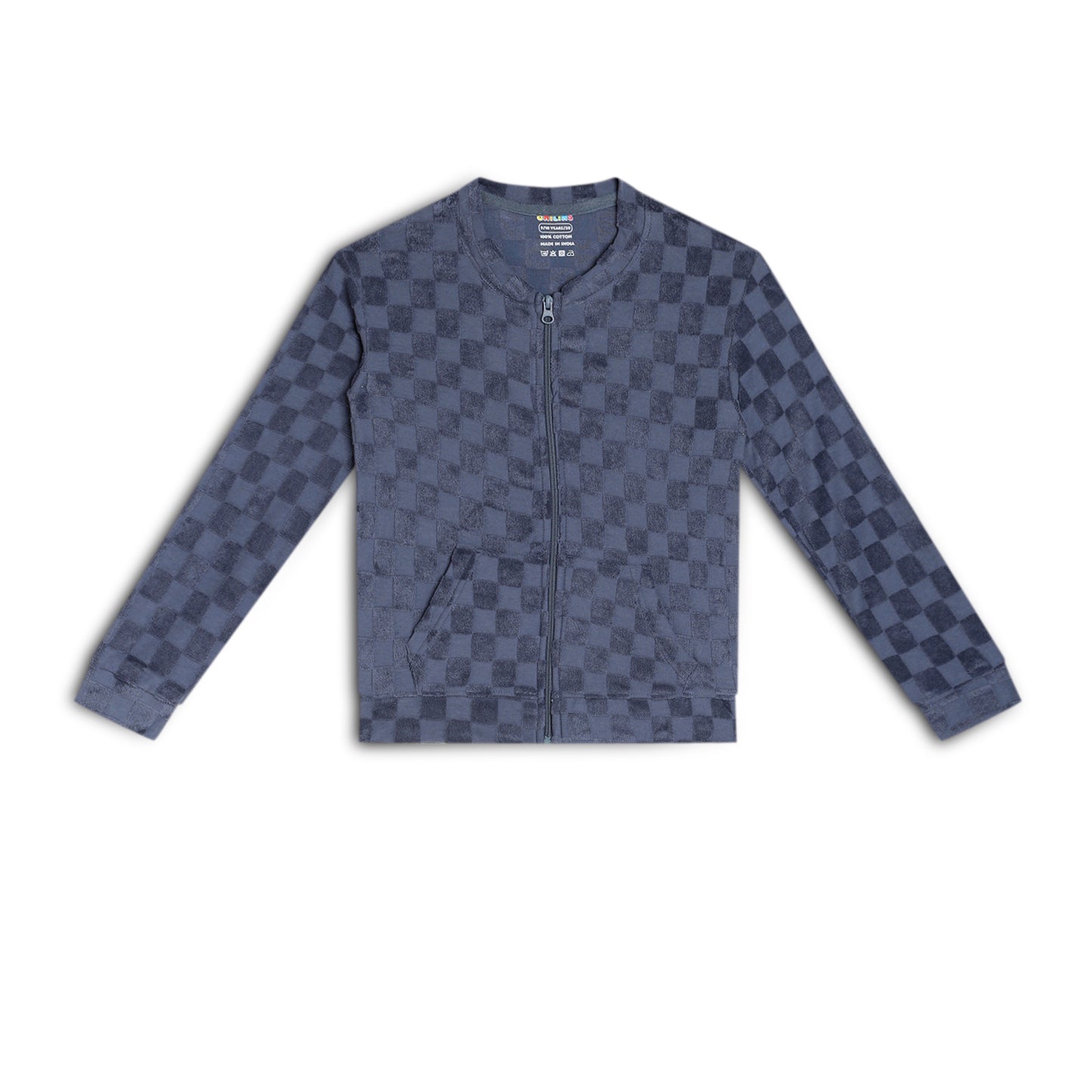 Girls Self Design Velvet Party Jacket with Zipper – Blue (Without Hood)