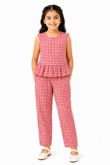 CHILINS Girls Red & White Gingham Check Ruffle Top with Pants Set