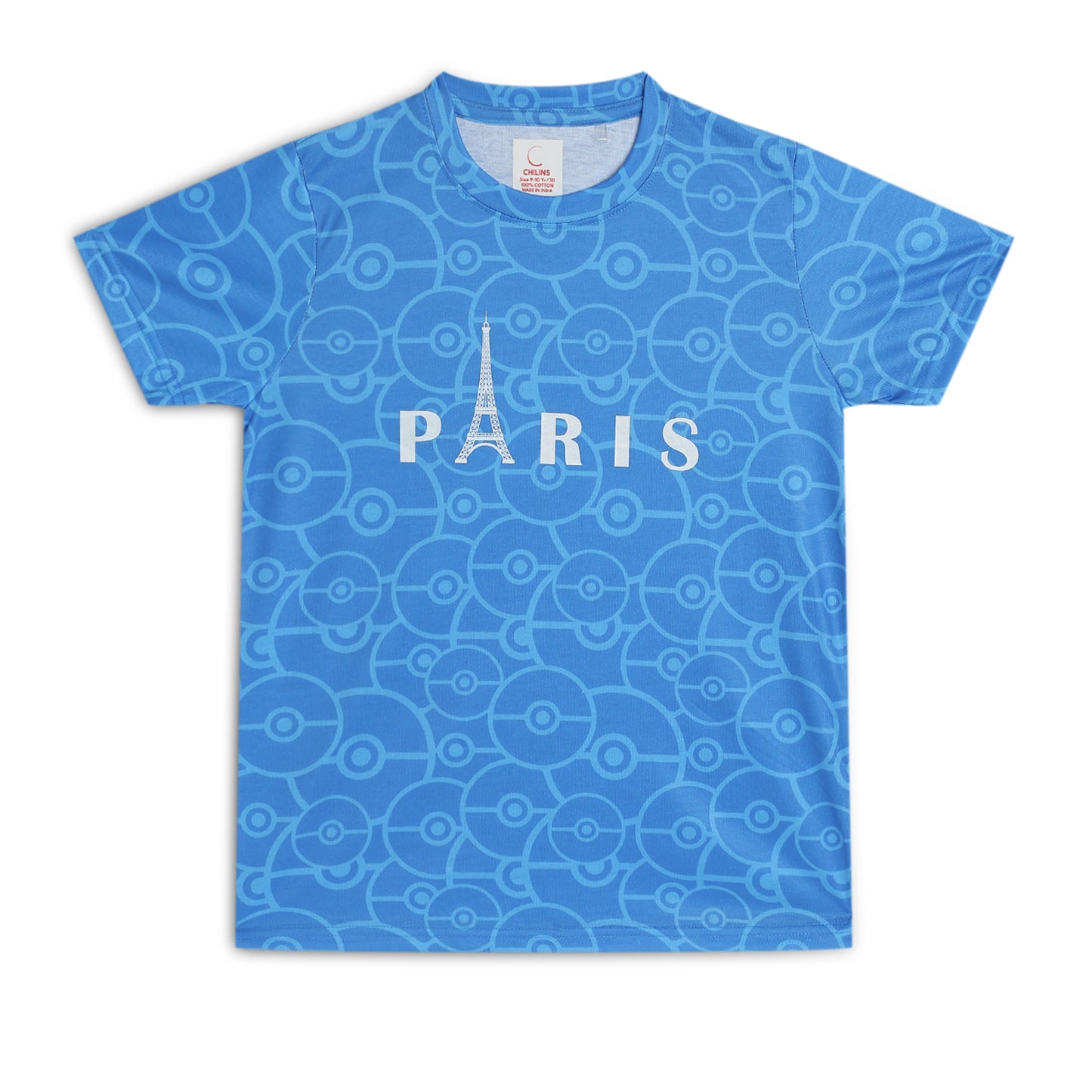 Kids Girls Regular Round Neck Cotton Fit T-Shirt Blue Paris