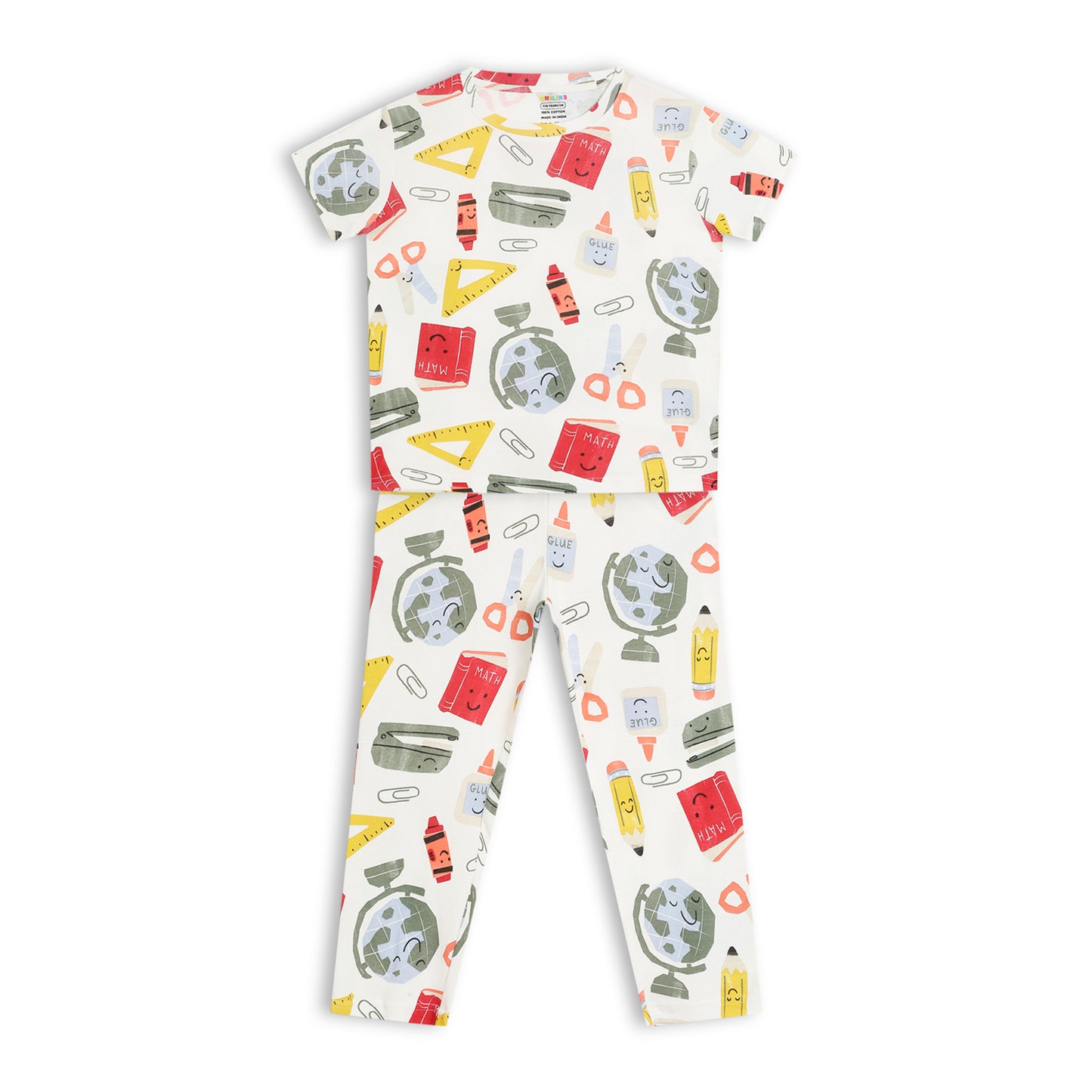 CHILINS Kids Pure Cotton Printed T-Shirt & Pyjama Set | School Theme Nightwear Set