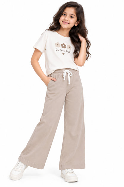 CHILINS Girls Beige Wide Leg Palazzo Pants | Elasticated Drawstring Waist | Side Pockets | Full Length | Regular Fit