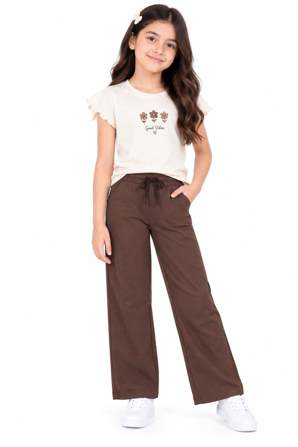 CHILINS Girls Brown Wide Leg Palazzo Pants | Elasticated Drawstring Waist | Side Pockets | Regular Fit | Casual Wear