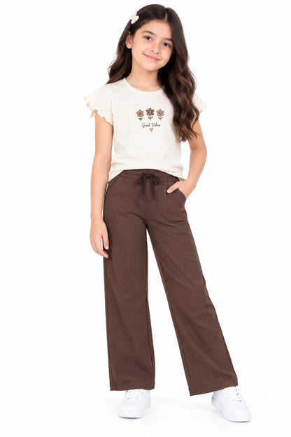 CHILINS Girls Brown Wide Leg Palazzo Pants | Elasticated Drawstring Waist | Side Pockets | Regular Fit | Casual Wear