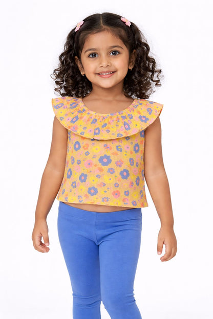 CHILINS Girls Cotton Printed Ruffle Neck Top – Cute Summer Casual Wear