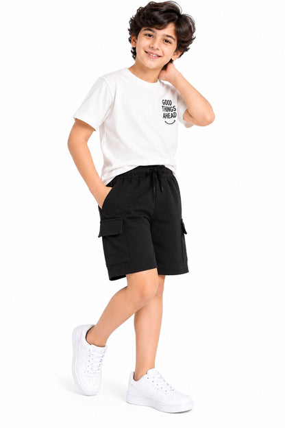 CHILINS Boys Black Cargo Shorts | Drawstring Waist | Side Utility Pockets | Regular Fit | Casual Everyday Wear