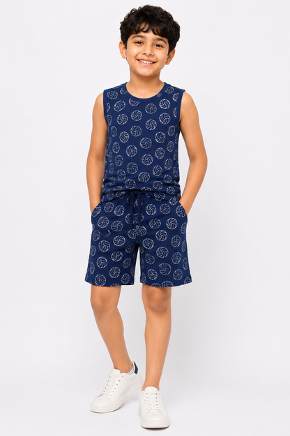 CHILINS Kids Navy Blue Printed T-Shirt & Shorts Set | Active Wear Co-Ord Set