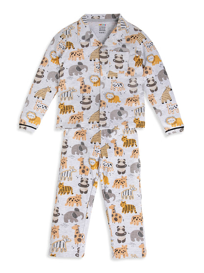 CHILINS Boys Jungle Animal Print Night Suit Set | 100% Pure Cotton Full Sleeve Shirt & Pyjama