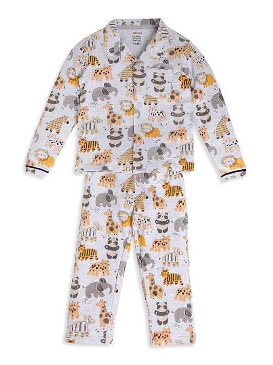 CHILINS Boys Jungle Animal Print Night Suit Set | 100% Pure Cotton Full Sleeve Shirt & Pyjama