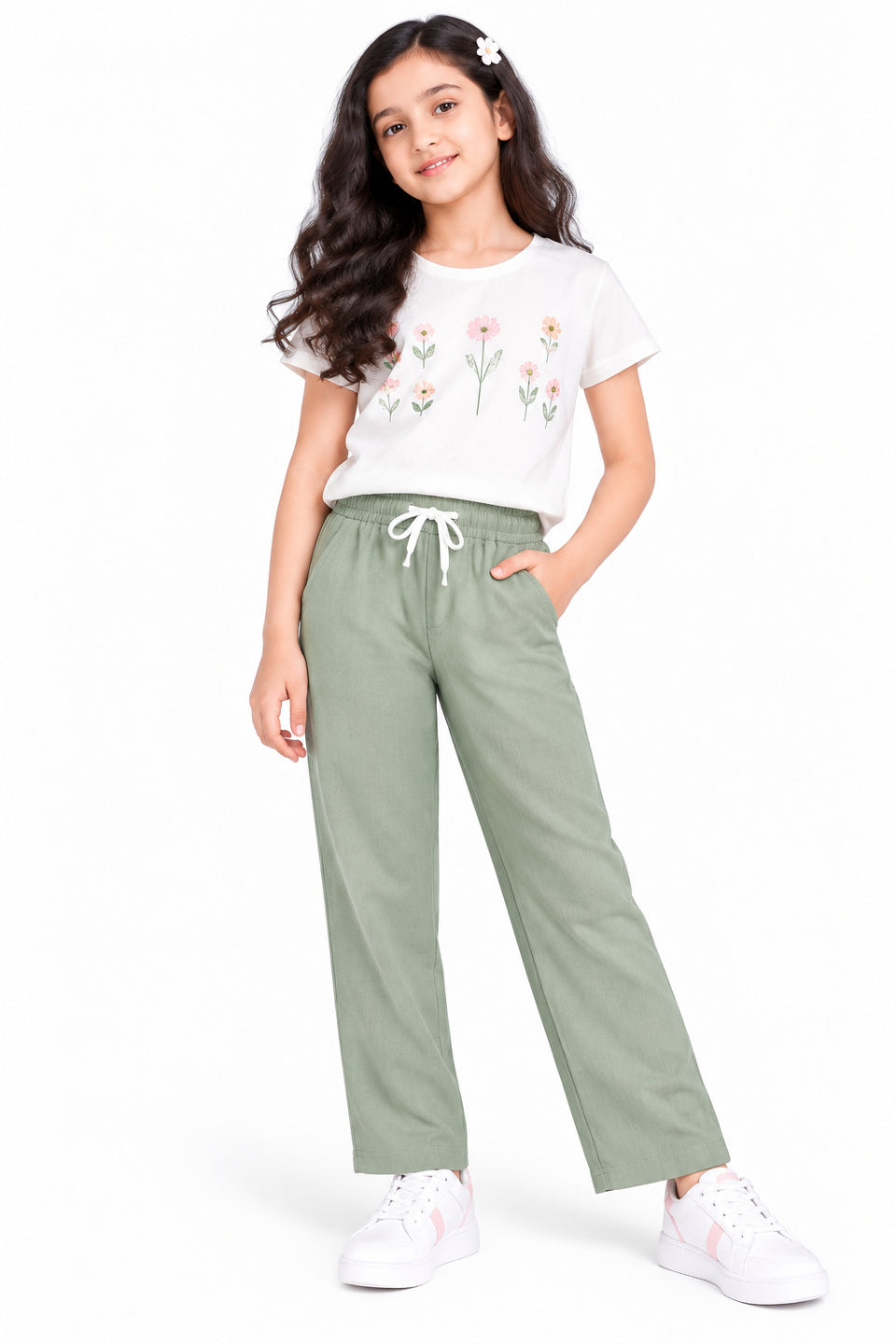 CHILINS Girls Green Cotton Track Pants | Wide-Leg Trousers with Drawstring Waist