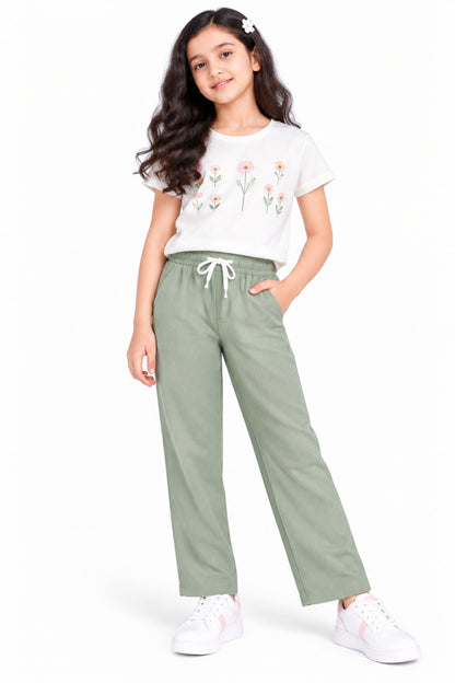 CHILINS Girls Green Cotton Track Pants | Wide-Leg Trousers with Drawstring Waist