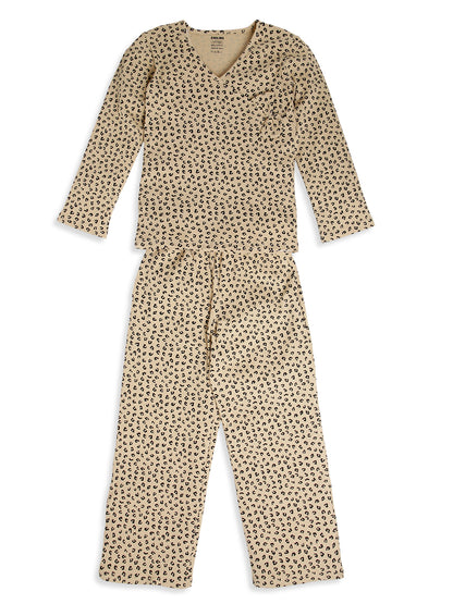 CHILINS Girls Leopard Print Night Suit Set | Soft Ribbed Cotton Full Sleeve Top & Pyjama | Kids Sleepwear