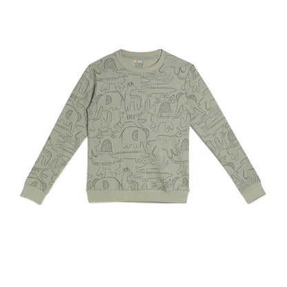Boys Fleece Printed Round Neck Sweatshirt | Mehandi Animal Cartoon Print