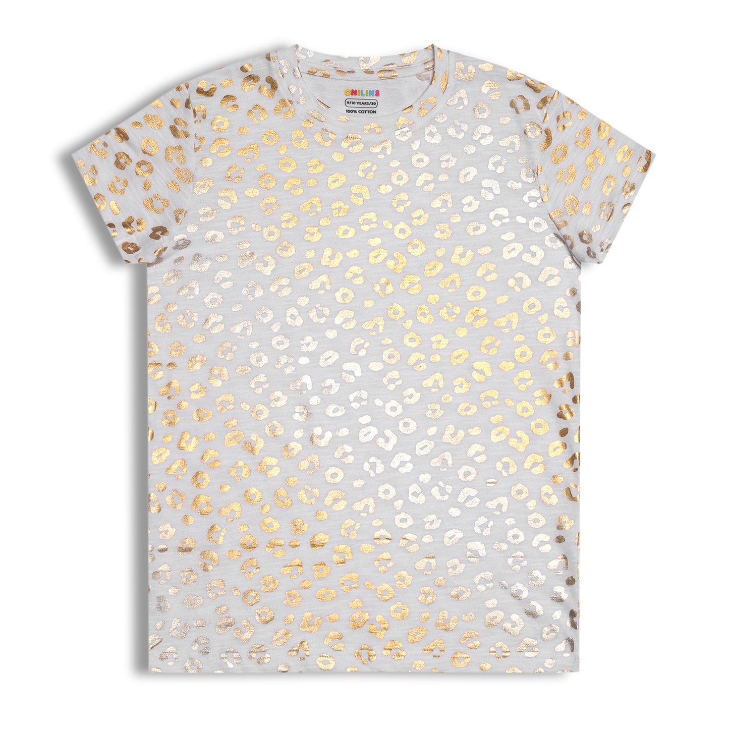 CHILINS Girls Cotton T-Shirt – White with Golden Animal Print