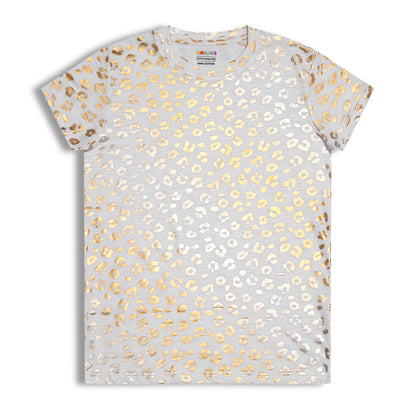 CHILINS Girls Cotton T-Shirt – White with Golden Animal Print