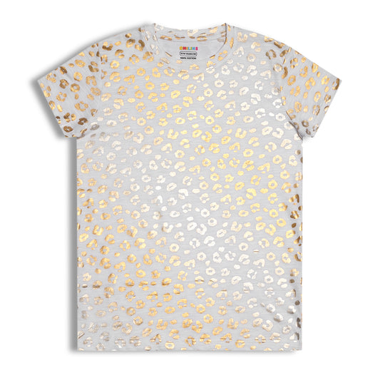 CHILINS Girls Cotton T-Shirt – White with Golden Animal Print